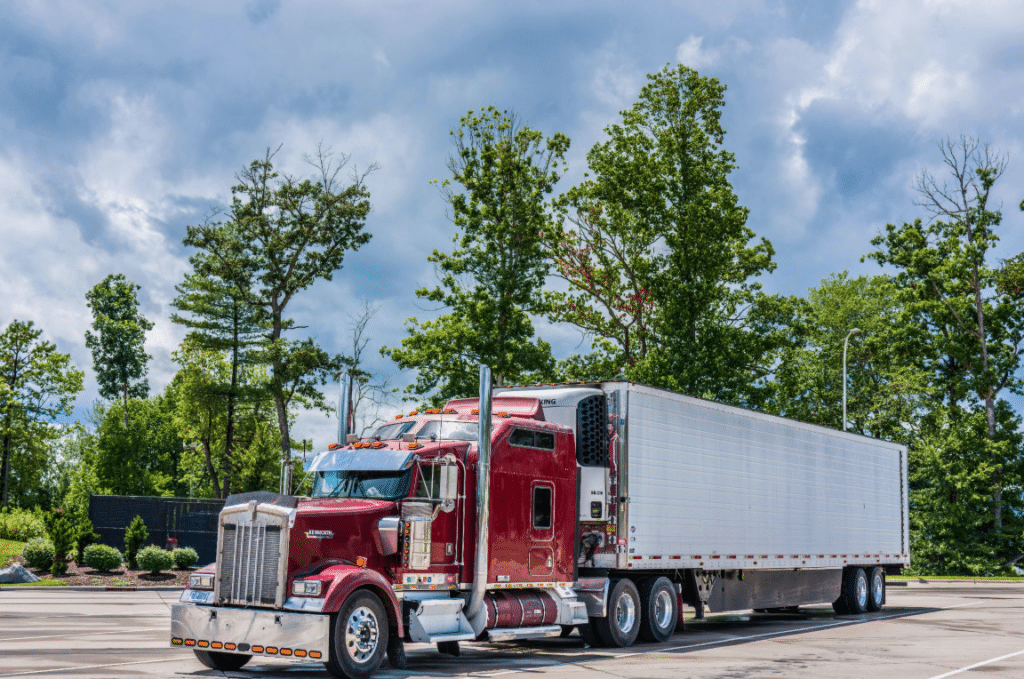 Red and white semi truck.